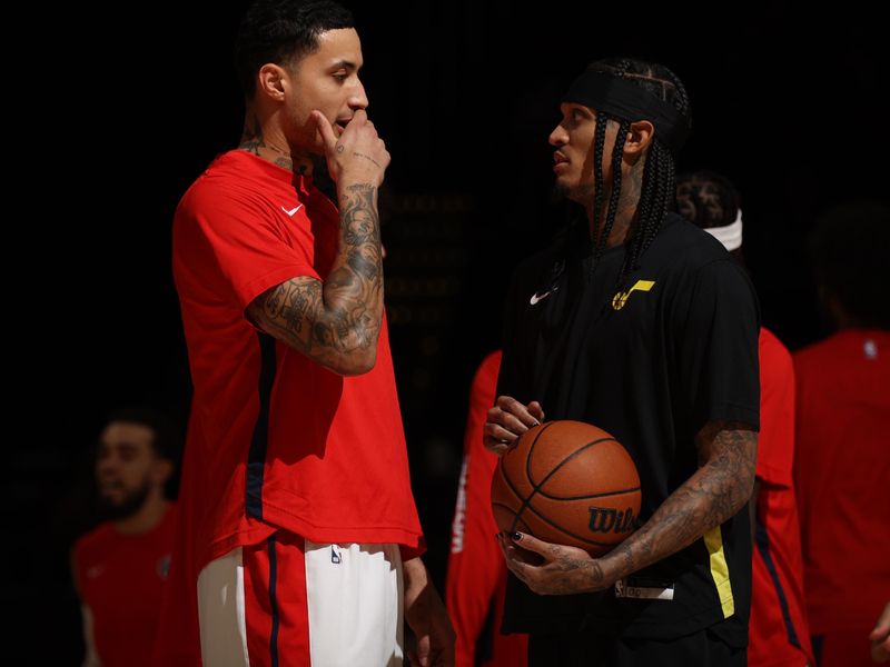 WASHINGTON, DC -? JANUARY 25: Kyle Kuzma #33 of the Washington Wizards talks with Jordan Clarkson #00 of the Utah Jazz before the game on January 25, 2024 at Capital One Arena in Washington, DC. NOTE TO USER: User expressly acknowledges and agrees that, by downloading and or using this Photograph, user is consenting to the terms and conditions of the Getty Images License Agreement. Mandatory Copyright Notice: Copyright 2024 NBAE (Photo by Stephen Gosling/NBAE via Getty Images)