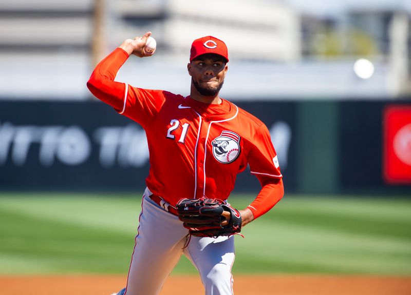 Mar 19, 2024; Tempe, Arizona, USA; Cincinnati Reds pitcher Hunter Greene against the Los Angeles Angels during a spring training game at Tempe Diablo Stadium. Mandatory Credit: Mark J. Rebilas-USA TODAY Sports