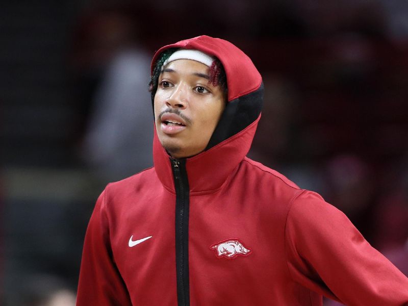 Feb 11, 2023; Fayetteville, Arkansas, USA; Arkansas Razorbacks guard Nick Smith Jr. during pregame warmups prior to facing the Mississippi State Bulldogs at Bud Walton Arena. Mandatory Credit: Nelson Chenault-USA TODAY Sports