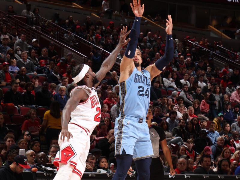 CHICAGO, IL - APRIL 2: Dillon Brooks #24 of the Memphis Grizzlies shoots a three point basket during the game against the Chicago Bulls on April 2, 2023 at United Center in Chicago, Illinois. NOTE TO USER: User expressly acknowledges and agrees that, by downloading and or using this photograph, User is consenting to the terms and conditions of the Getty Images License Agreement. Mandatory Copyright Notice: Copyright 2023 NBAE (Photo by Jeff Haynes/NBAE via Getty Images)