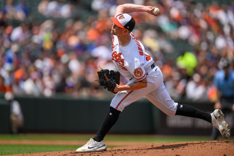 Aug 6, 2023; Baltimore, Maryland, USA; Baltimore Orioles starting pitcher Kyle Bradish (39) throws a pitch during the first inning against the New York Mets at Oriole Park at Camden Yards. Mandatory Credit: Reggie Hildred-USA TODAY Sports