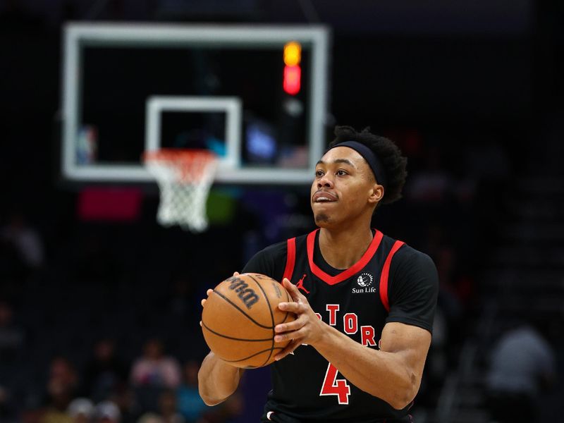 CHARLOTTE, NORTH CAROLINA - FEBRUARY 07: Scottie Barnes #4 of the Toronto Raptors attempts a jump shot during the first half of the game against the Charlotte Hornets at Spectrum Center on February 07, 2024 in Charlotte, North Carolina. NOTE TO USER: User expressly acknowledges and agrees that, by downloading and or using this photograph, User is consenting to the terms and conditions of the Getty Images License Agreement. (Photo by Jared C. Tilton/Getty Images)