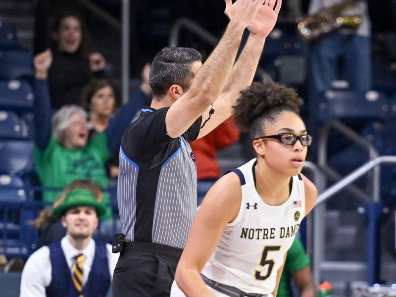 Feb 9, 2023; South Bend, Indiana, USA; Notre Dame Fighting Irish guard Olivia Miles (5) reacts after a three point basket in the first half against the Pittsburgh Panthers at the Purcell Pavilion. Mandatory Credit: Matt Cashore-USA TODAY Sports