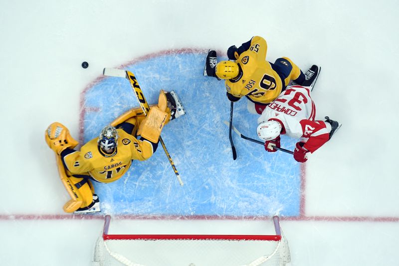 Mar 23, 2024; Nashville, Tennessee, USA; Nashville Predators goaltender Juuse Saros (74) makes a save during the first period against the Detroit Red Wings at Bridgestone Arena. Mandatory Credit: Christopher Hanewinckel-USA TODAY Sports