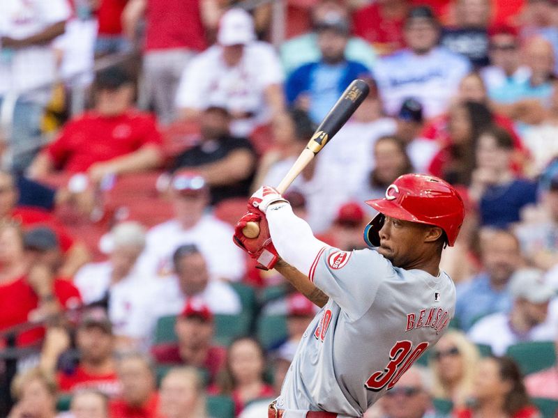 Jun 27, 2024; St. Louis, Missouri, USA; Cincinnati Reds outfielder Will Benson (30) hits a single in the second inning against the St. Louis Cardinals at Busch Stadium. Mandatory Credit: Zach Dalin-USA TODAY Sports