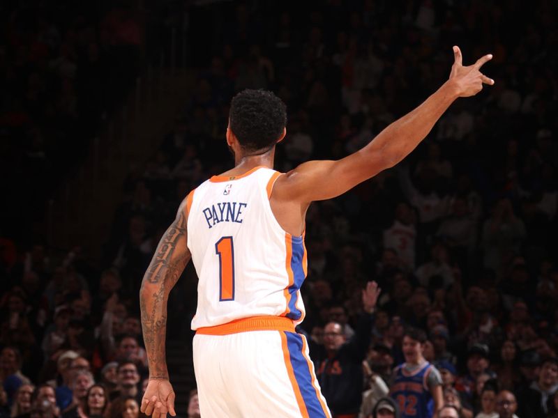 NEW YORK, NY - DECEMBER 1: Cameron Payne #1 of the New York Knicks celebrates during the game against the New Orleans Pelicans on December 1, 2024 at Madison Square Garden in New York City, New York.  NOTE TO USER: User expressly acknowledges and agrees that, by downloading and or using this photograph, User is consenting to the terms and conditions of the Getty Images License Agreement. Mandatory Copyright Notice: Copyright 2024 NBAE  (Photo by Nathaniel S. Butler/NBAE via Getty Images)