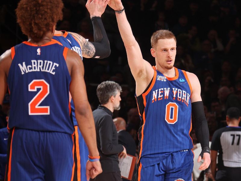 NEW YORK, NY - MARCH 23: Donte Divincenzo #0 of the New York Knicks celebrates during the game against the Brooklyn Nets on March 23, 2024 at Madison Square Garden in New York City, New York.  NOTE TO USER: User expressly acknowledges and agrees that, by downloading and or using this photograph, User is consenting to the terms and conditions of the Getty Images License Agreement. Mandatory Copyright Notice: Copyright 2024 NBAE  (Photo by Nathaniel S. Butler/NBAE via Getty Images)