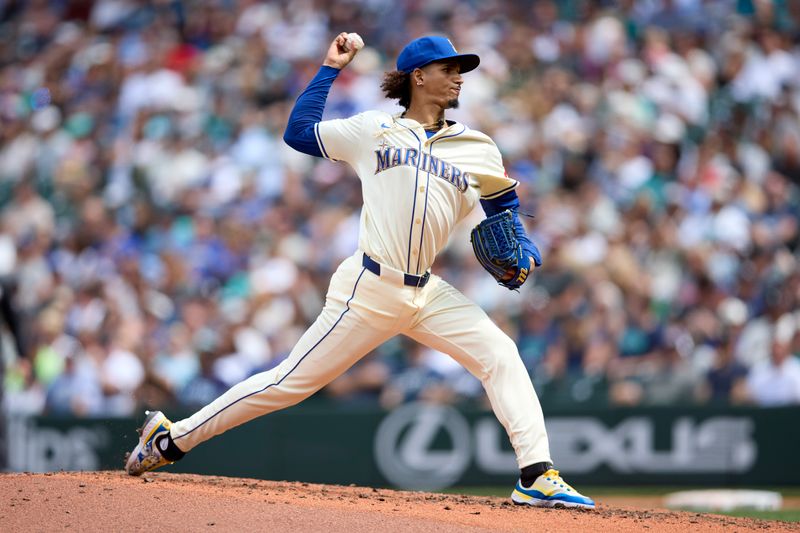 Aug 3, 2025; Seattle, Washington, USA; Seattle Mariners pitcher Carlos Vargas (54) throwing against the Texas Rangers during the sixth inning at T-Mobile Park. Mandatory Credit: John Froschauer-Imagn Images