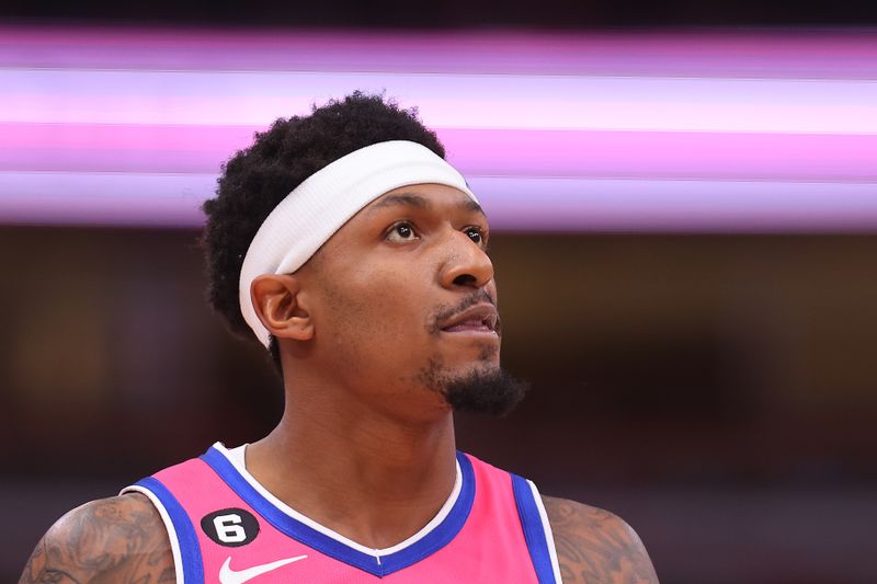 CHICAGO, ILLINOIS - FEBRUARY 26: Bradley Beal #3 of the Washington Wizards looks on against the Chicago Bulls during the first half at United Center on February 26, 2023 in Chicago, Illinois. NOTE TO USER: User expressly acknowledges and agrees that, by downloading and or using this photograph, User is consenting to the terms and conditions of the Getty Images License Agreement.  (Photo by Michael Reaves/Getty Images)