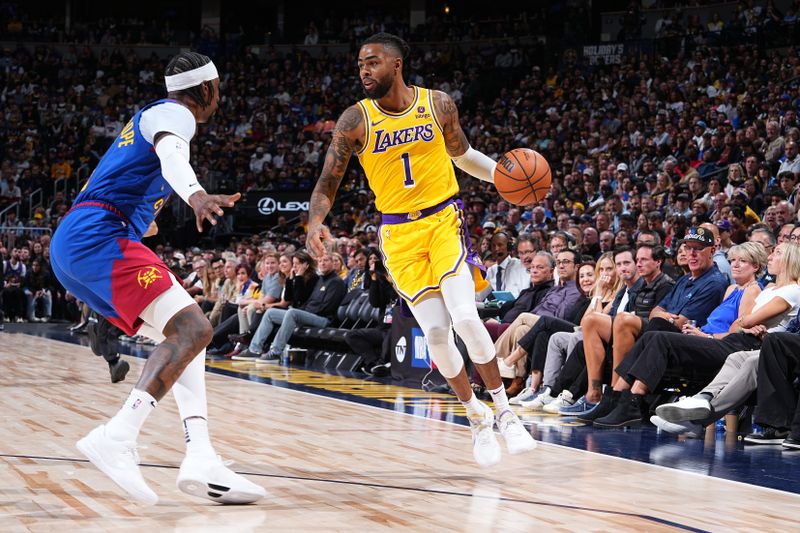 DENVER, CO - OCTOBER 24: D'Angelo Russell #1 of the Los Angeles Lakers dribbles the ball during the game against the Denver Nuggets on October 24, 2023 at the Ball Arena in Denver, Colorado. NOTE TO USER: User expressly acknowledges and agrees that, by downloading and/or using this Photograph, user is consenting to the terms and conditions of the Getty Images License Agreement. Mandatory Copyright Notice: Copyright 2023 NBAE (Photo by Garrett Ellwood/NBAE via Getty Images)