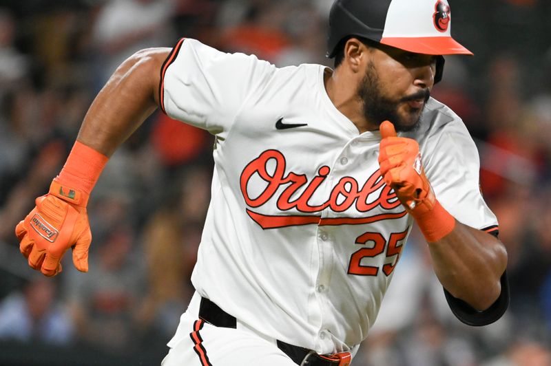 Apr 16, 2024; Baltimore, Maryland, USA; Baltimore Orioles outfielder Anthony Santander (25) runs out a ]sixth inning rbi single against the Minnesota Twins  at Oriole Park at Camden Yards. Mandatory Credit: Tommy Gilligan-USA TODAY Sports