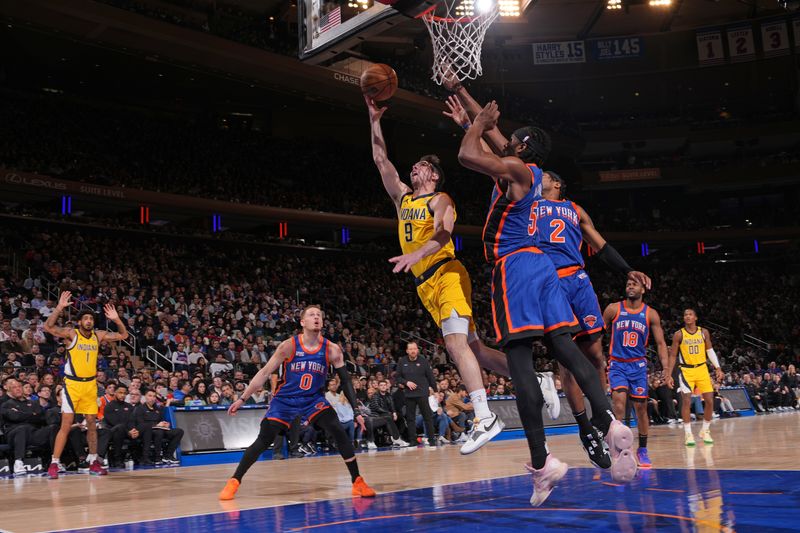 NEW YORK, NY - FEBRUARY 10: T.J. McConnell #9 of the Indiana Pacers drives to the basket during the game against the New York Knicks on February 10, 2024 at Madison Square Garden in New York City, New York.  NOTE TO USER: User expressly acknowledges and agrees that, by downloading and or using this photograph, User is consenting to the terms and conditions of the Getty Images License Agreement. Mandatory Copyright Notice: Copyright 2024 NBAE  (Photo by Jesse D. Garrabrant/NBAE via Getty Images)