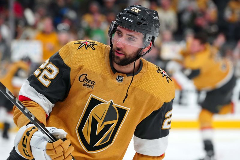 Mar 7, 2024; Las Vegas, Nevada, USA; Vegas Golden Knights right wing Michael Amadio (22) warms up before a game against the Vancouver Canucks at T-Mobile Arena. Mandatory Credit: Stephen R. Sylvanie-USA TODAY Sports