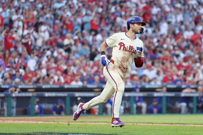 Oct 6, 2024; Philadelphia, Pennsylvania, USA; Philadelphia Phillies shortstop Trea Turner (7) runs to first base after hitting a single in the sixth inning during game two of the NLDS for the 2024 MLB Playoffs at Citizens Bank Park. Mandatory Credit: Bill Streicher-Imagn Images