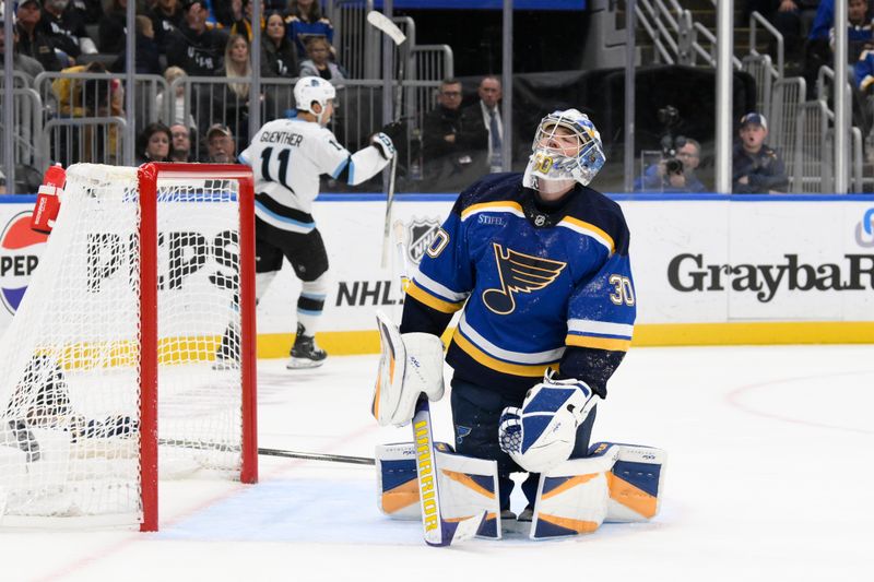 Nov 7, 2024; St. Louis, Missouri, USA; St. Louis Blues goaltender Joel Hofer (30) reacts after giving up a goal to Utah Hockey Club right wing Dylan Guenther (11) during the third period at Enterprise Center. Mandatory Credit: Jeff Le-Imagn Images