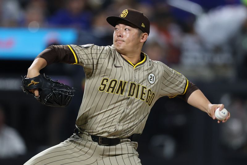 Sep 16, 2025; New York City, New York, USA; San Diego Padres relief pitcher Yuki Matsui (1) delivers a pitch during the sixth inning against the New York Mets at Citi Field. Mandatory Credit: Vincent Carchietta-Imagn Images