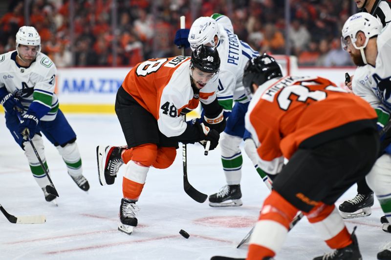 Oct 19, 2024; Philadelphia, Pennsylvania, USA; Philadelphia Flyers center Morgan Frost (48) takes a faceoff against Vancouver Canucks center Elias Pettersson (40) in the second period at Wells Fargo Center. Mandatory Credit: Kyle Ross-Imagn Images