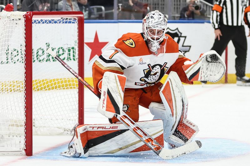 Oct 29, 2024; Elmont, New York, USA;  Anaheim Ducks goaltender Lukas Dostal (1) defends the net in the second period against the New York Islanders at UBS Arena. Mandatory Credit: Wendell Cruz-Imagn Images