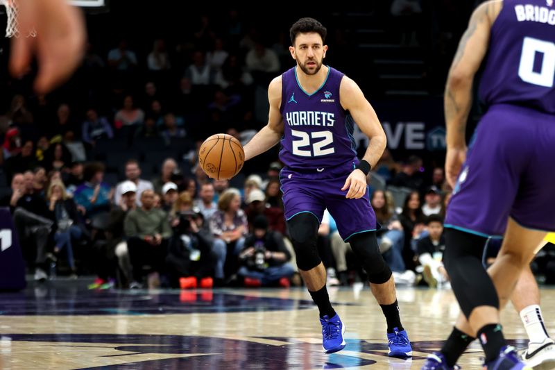 CHARLOTTE, NORTH CAROLINA - FEBRUARY 12: Vasilije Micic #22 of the Charlotte Hornets controls the ball during the first half of an NBA game against the Indiana Pacers at Spectrum Center on February 12, 2024 in Charlotte, North Carolina. NOTE TO USER: User expressly acknowledges and agrees that, by downloading and or using this photograph, User is consenting to the terms and conditions of the Getty Images License Agreement. (Photo by David Jensen/Getty Images)