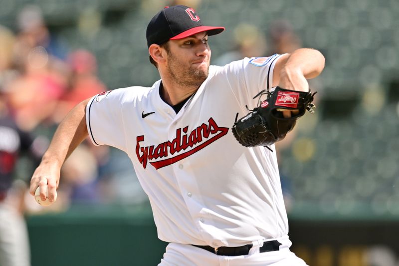 Sep 6, 2023; Cleveland, Ohio, USA; Cleveland Guardians starting pitcher Gavin Williams (63) throws a pitch during the first inning against the Minnesota Twins at Progressive Field. Mandatory Credit: Ken Blaze-USA TODAY Sports