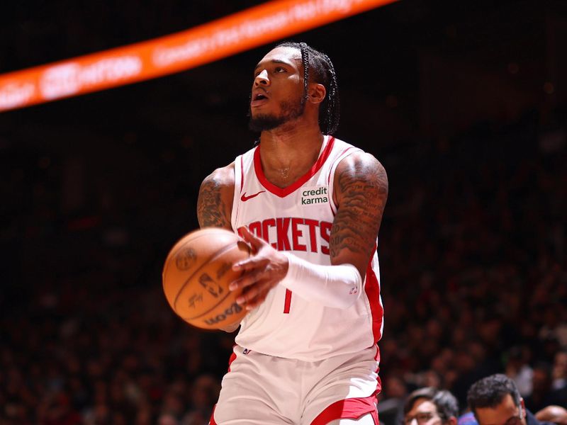 TORONTO, CANADA - FEBRUARY 9: Cam Whitmore #7 of the Houston Rockets looks to shoot the ball during the game against the Toronto Raptors on February 9, 2024 at the Scotiabank Arena in Toronto, Ontario, Canada.  NOTE TO USER: User expressly acknowledges and agrees that, by downloading and or using this Photograph, user is consenting to the terms and conditions of the Getty Images License Agreement.  Mandatory Copyright Notice: Copyright 2024 NBAE (Photo by Vaughn Ridley/NBAE via Getty Images)