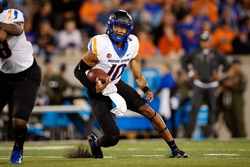 Oct 22, 2022; Colorado Springs, Colorado, USA; Boise State Broncos quarterback Taylen Green (10) runs the ball in the second quarter against the Air Force Falcons at Falcon Stadium. Mandatory Credit: Isaiah J. Downing-USA TODAY Sports