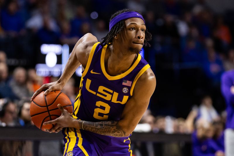 Feb 13, 2024; Gainesville, Florida, USA; LSU Tigers guard Mike Williams III (2) looks to pass against the Florida Gators during the first half at Exactech Arena at the Stephen C. O'Connell Center. Mandatory Credit: Matt Pendleton-USA TODAY Sports