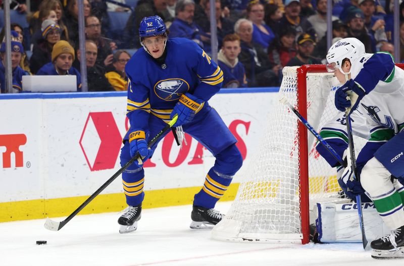 Jan 6, 2026; Buffalo, New York, USA;  Buffalo Sabres center Tage Thompson (72) looks to make a pass from behind the net during the second period against the Vancouver Canucks at KeyBank Center. Mandatory Credit: Timothy T. Ludwig-Imagn Images