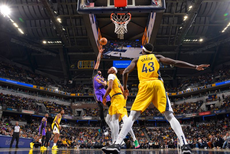 INDIANAPOLIS, IN - MARCH 29: Anthony Davis #3 of the Los Angeles Lakers shoots the ball during the game against the Indiana Pacers on March 24, 2024 at Gainbridge Fieldhouse in Indianapolis, Indiana. NOTE TO USER: User expressly acknowledges and agrees that, by downloading and or using this Photograph, user is consenting to the terms and conditions of the Getty Images License Agreement. Mandatory Copyright Notice: Copyright 2024 NBAE (Photo by Jesse D. Garrabrant /NBAE via Getty Images)