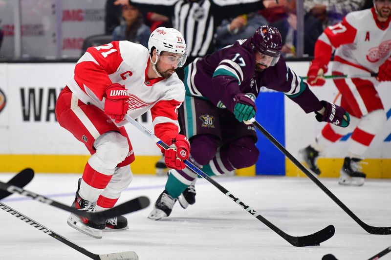 Jan 7, 2024; Anaheim, California, USA; Detroit Red Wings center Dylan Larkin (71) moves the puck ahead of Anaheim Ducks left wing Alex Killorn (17) during the third period at Honda Center. Mandatory Credit: Gary A. Vasquez-USA TODAY Sports