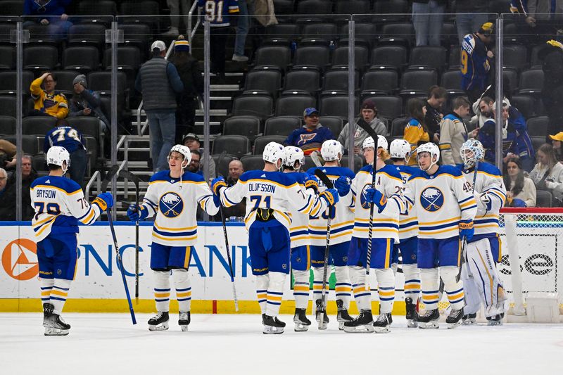 Jan 24, 2023; St. Louis, Missouri, USA;  Buffalo Sabres celebrate after defeating the St. Louis Blues at Enterprise Center. Mandatory Credit: Jeff Curry-USA TODAY Sports