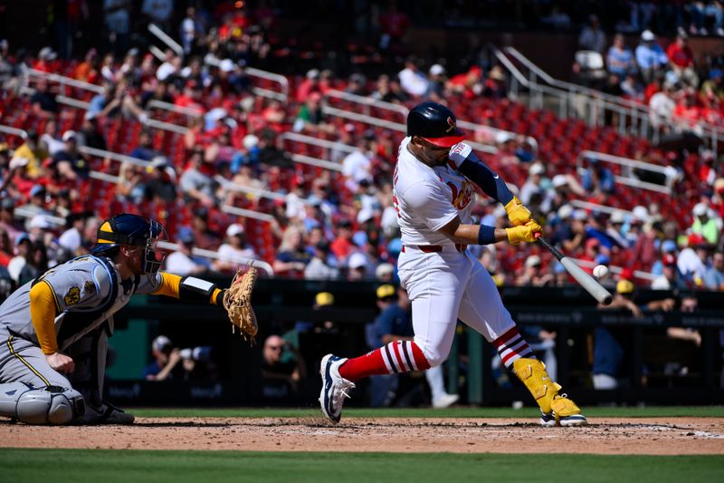 Sep 21, 2025; St. Louis, Missouri, USA; St. Louis Cardinals designated hitter Ivan Herrera (48) hits a two run home run against the Milwaukee Brewers during the third inning at Busch Stadium. Mandatory Credit: Jeff Curry-Imagn Images