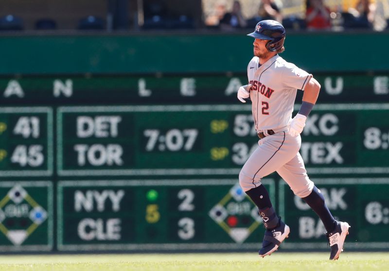 Apr 12, 2023; Pittsburgh, Pennsylvania, USA;  Houston Astros third baseman Alex Bregman (2) circles the bases on a three-run home run against the Pittsburgh Pirates during the seventh inning at PNC Park. Mandatory Credit: Charles LeClaire-USA TODAY Sports