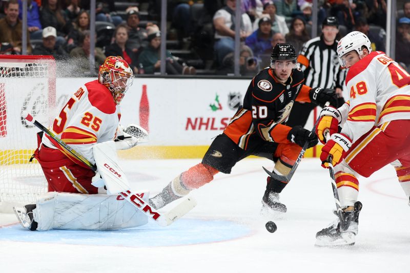 Dec 21, 2023; Anaheim, California, USA;  Anaheim Ducks right wing Brett Leason (20) fights for the puck against Calgary Flames defenseman Dennis Gilbert (48) and goaltender Jacob Markstrom (25) during the second period at Honda Center. Mandatory Credit: Kiyoshi Mio-USA TODAY Sports