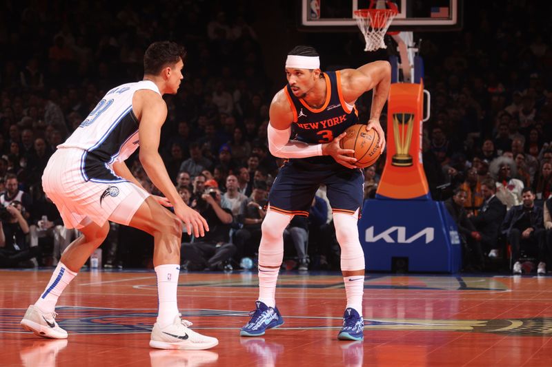 NEW YORK, NY - DECEMBER 3: Josh Hart #3 of the New York Knicks handles the ball during the game against the Orlando Magic during the Emirates NBA Cup on December 3, 2024 at Madison Square Garden in New York City, New York.  NOTE TO USER: User expressly acknowledges and agrees that, by downloading and or using this photograph, User is consenting to the terms and conditions of the Getty Images License Agreement. Mandatory Copyright Notice: Copyright 2024 NBAE  (Photo by Nathaniel S. Butler/NBAE via Getty Images)