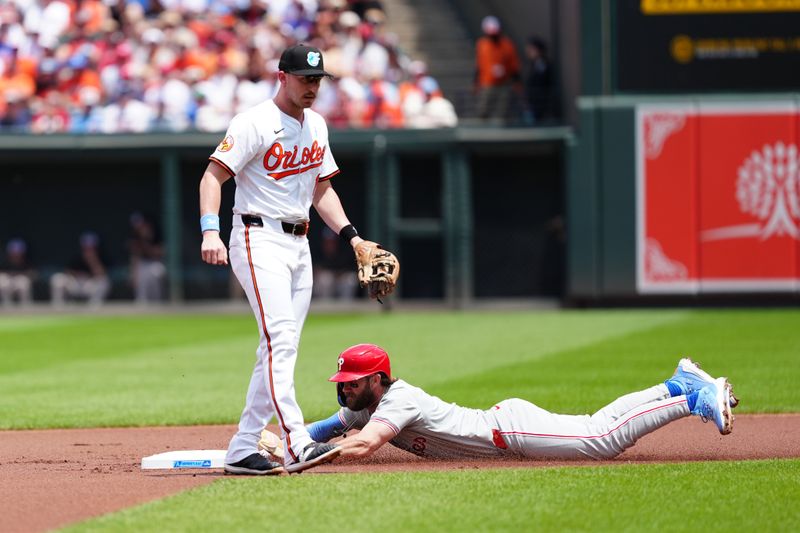 Jun 16, 2024; Baltimore, Maryland, USA; Philadelphia Phillies first baseman Bryce Harper (3) steals second base with Baltimore Orioles second baseman Jordan Westburg (11) covering during the first inning at Oriole Park at Camden Yards. Mandatory Credit: Gregory Fisher-USA TODAY Sports