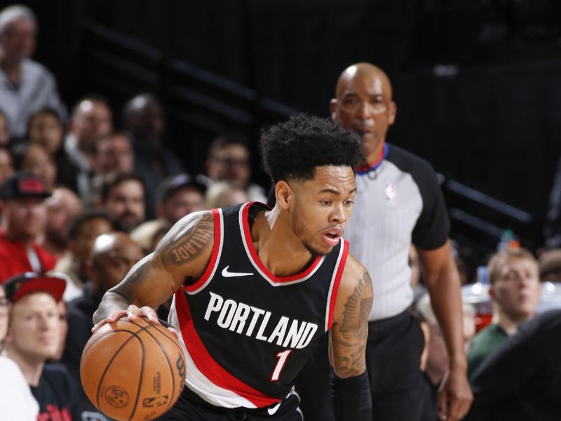 PORTLAND, OR - JANUARY 31:  Anfernee Simons #1 of the Portland Trail Blazers handles the ball during the game  on January 31, 2024 at the Moda Center Arena in Portland, Oregon. NOTE TO USER: User expressly acknowledges and agrees that, by downloading and or using this photograph, user is consenting to the terms and conditions of the Getty Images License Agreement. Mandatory Copyright Notice: Copyright 2024 NBAE (Photo by Cameron Browne/NBAE via Getty Images)