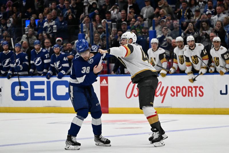 Dec 21, 2023; Tampa, Florida, USA; Tampa Bay Lightning left wing Brandon Hagel (38) and  Las Vegas Golden Knights center Ivan Barbashev (49) fight in the second period at Amalie Arena. Mandatory Credit: Jonathan Dyer-USA TODAY Sports