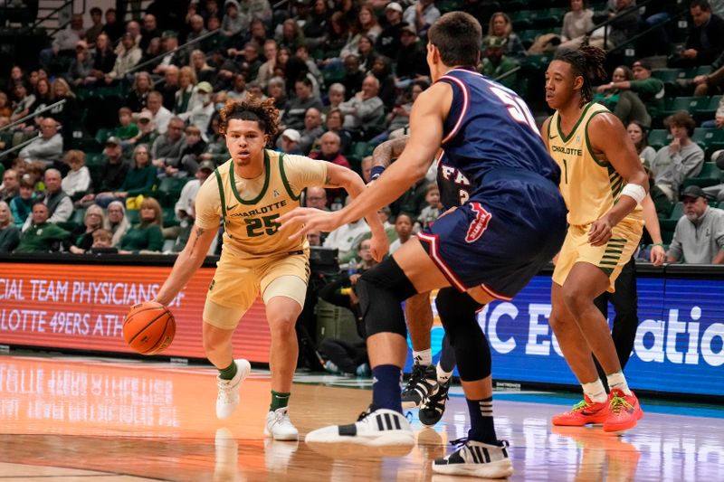 Jan 6, 2024; Charlotte, North Carolina, USA; Charlotte 49ers guard Lu'Cye Patterson (25) drives to the basket against Florida Atlantic Owls center Vladislav Goldin (50) during the first half at Dale F. Halton Arena. Mandatory Credit: Jim Dedmon-USA TODAY Sports