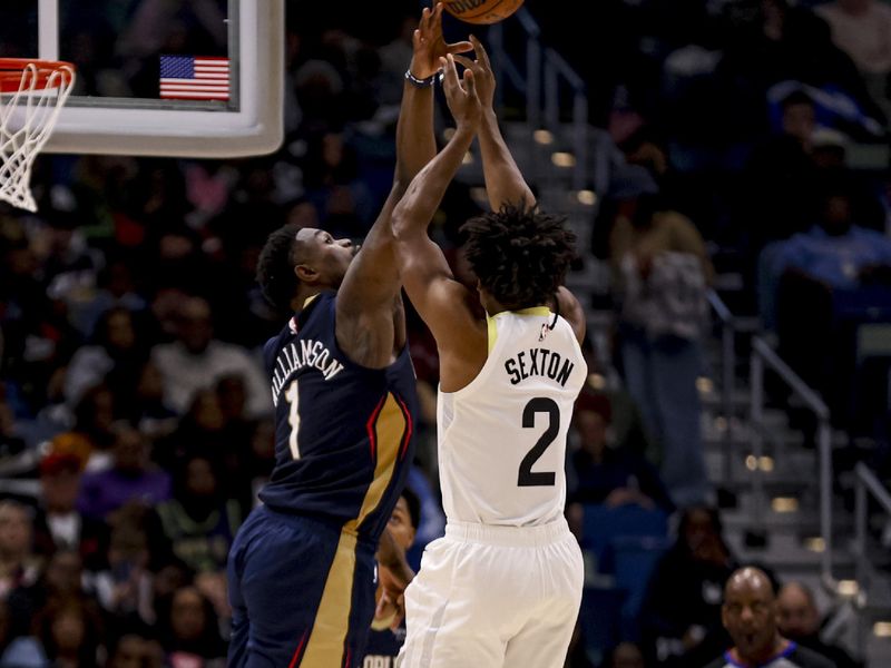 NEW ORLEANS, LOUISIANA - JANUARY 17: Zion Williamson #1 of the New Orleans Pelicans blocks a shot by Collin Sexton #2 of the Utah Jazz during the first half of a game at the Smoothie King Center on January 17, 2025 in New Orleans, Louisiana. NOTE TO USER: User expressly acknowledges and agrees that, by downloading and or using this photograph, User is consenting to the terms and conditions of the Getty Images License Agreement. (Photo by Derick E. Hingle/Getty Images)