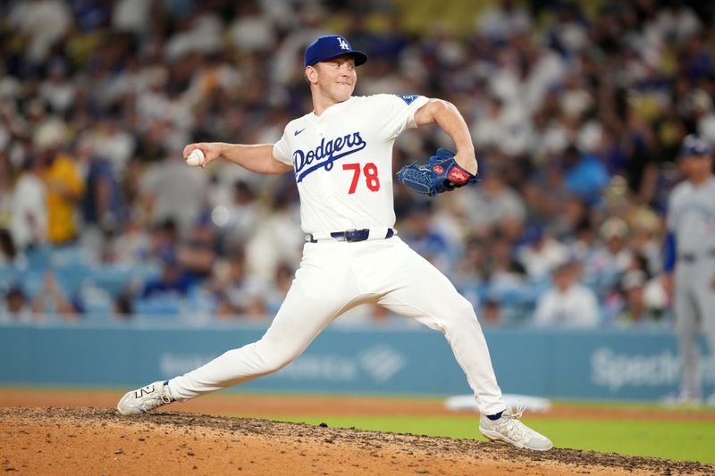 Aug 8, 2025; Los Angeles, California, USA; Los Angeles Dodgers relief pitcher Ben Casparius (78) throws in the sixth inning against the Toronto Blue Jays at Dodger Stadium. Mandatory Credit: Kirby Lee-Imagn Images