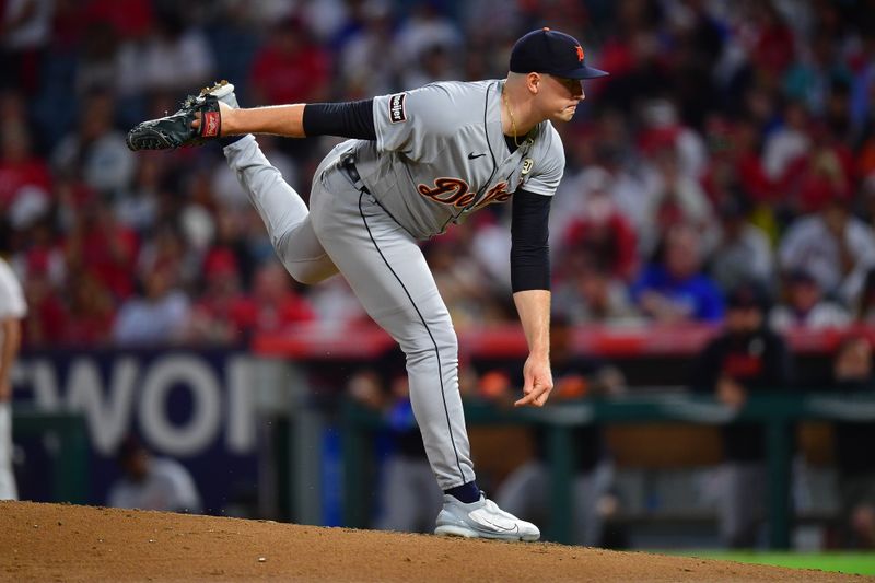 Sep 15, 2023; Anaheim, California, USA; Detroit Tigers starting pitcher Tarik Skubal (29) throws against the Los Angeles Angels during the second inning at Angel Stadium. Mandatory Credit: Gary A. Vasquez-USA TODAY Sports