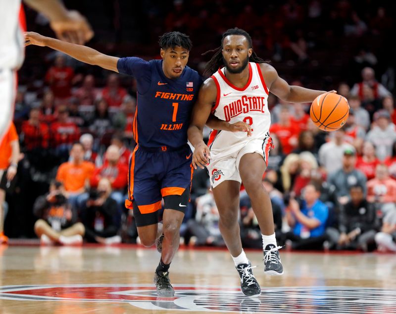 Feb 26, 2023; Columbus, Ohio, USA;  Ohio State Buckeyes guard Bruce Thornton (2) controls the ball as Illinois Fighting Illini guard Sencire Harris (1) defends during the second half at Value City Arena. Mandatory Credit: Joseph Maiorana-USA TODAY Sports