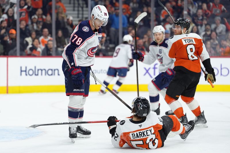 Mar 14, 2026; Philadelphia, Pennsylvania, USA; Columbus Blue Jackets defenseman Damon Severson (78) reacts against Philadelphia Flyers center Denver Barkley (52) in the second period at Xfinity Mobile Arena. Mandatory Credit: Kyle Ross-Imagn Images