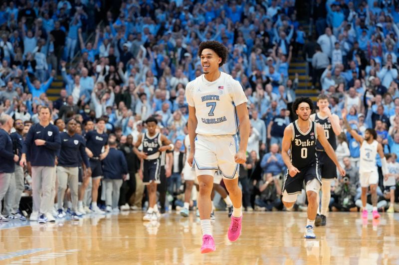 Feb 3, 2024; Chapel Hill, North Carolina, USA; North Carolina Tar Heels guard Seth Trimble (7) reacts at the end of the game at Dean E. Smith Center. Mandatory Credit: Bob Donnan-USA TODAY Sports