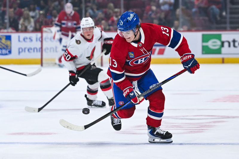 Oct 4, 2025; Montreal, Quebec, CAN; Montreal Canadiens right wing Cole Caufield (13) gains control of the puck at the blue line against the Ottawa Senators during the first period at Bell Centre. Mandatory Credit: David Kirouac-Imagn Images