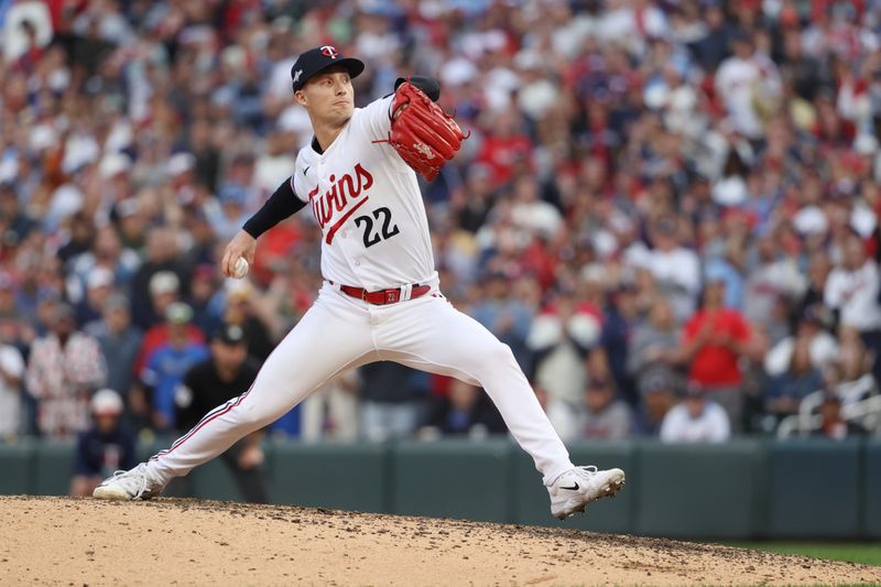 Oct 4, 2023; Minneapolis, Minnesota, USA; Minnesota Twins relief pitcher Griffin Jax (22) delivers pitch in the eighth inning against the Toronto Blue Jays during game two of the Wildcard series for the 2023 MLB playoffs at Target Field. Mandatory Credit: Jesse Johnson-USA TODAY Sports