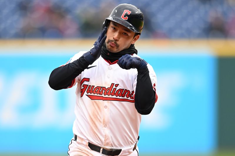 Apr 10, 2025; Cleveland, Ohio, USA; Cleveland Guardians left fielder Steven Kwan (38) rounds the bases after hitting a home run during the third inning against the Chicago White Sox at Progressive Field. Mandatory Credit: Ken Blaze-Imagn Images