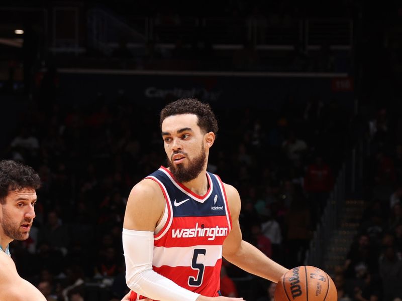 WASHINGTON, DC -? MARCH 8:  Tyus Jones #5 of the Washington Wizards handles the ball during the game  on March 8, 2024 at Capital One Arena in Washington, DC. NOTE TO USER: User expressly acknowledges and agrees that, by downloading and or using this Photograph, user is consenting to the terms and conditions of the Getty Images License Agreement. Mandatory Copyright Notice: Copyright 2024 NBAE (Photo by Stephen Gosling/NBAE via Getty Images)