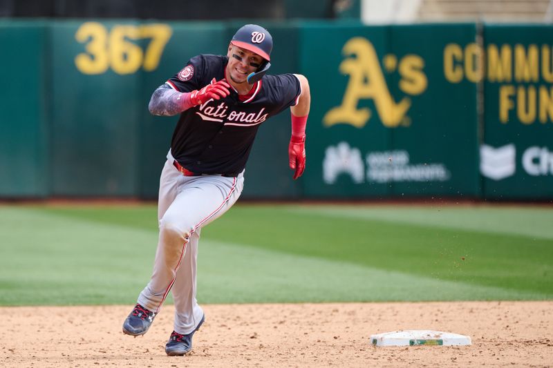 Apr 14, 2024; Oakland, California, USA; Washington Nationals first baseman Joey Meneses (45) runs the bases against the Oakland Athletics during the sixth inning at Oakland-Alameda County Coliseum. Mandatory Credit: Robert Edwards-USA TODAY Sports